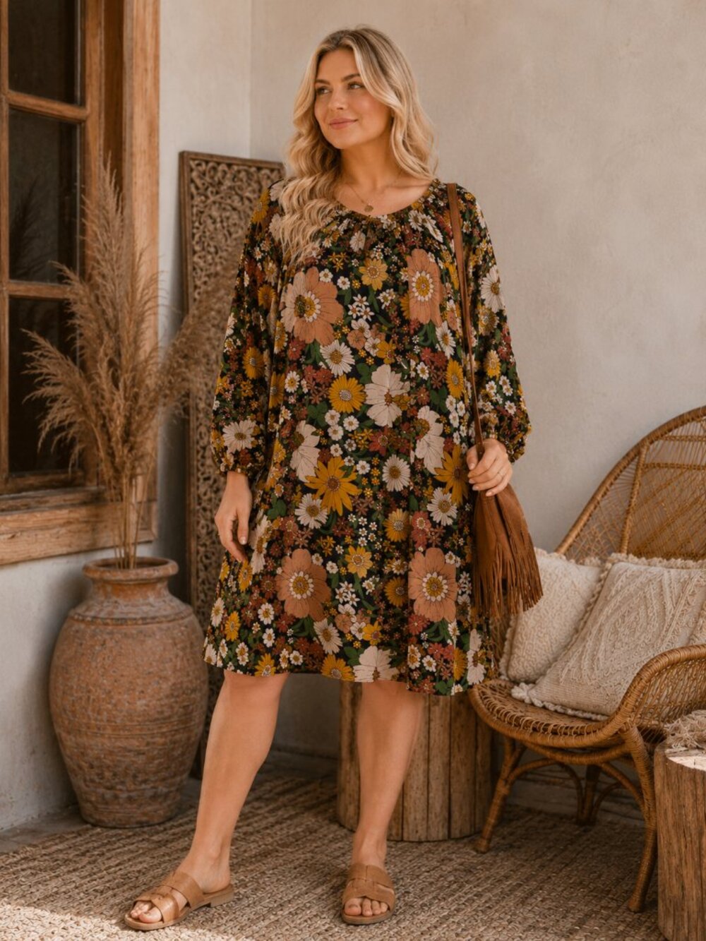 Natural Life Retro Floral Boho Dress